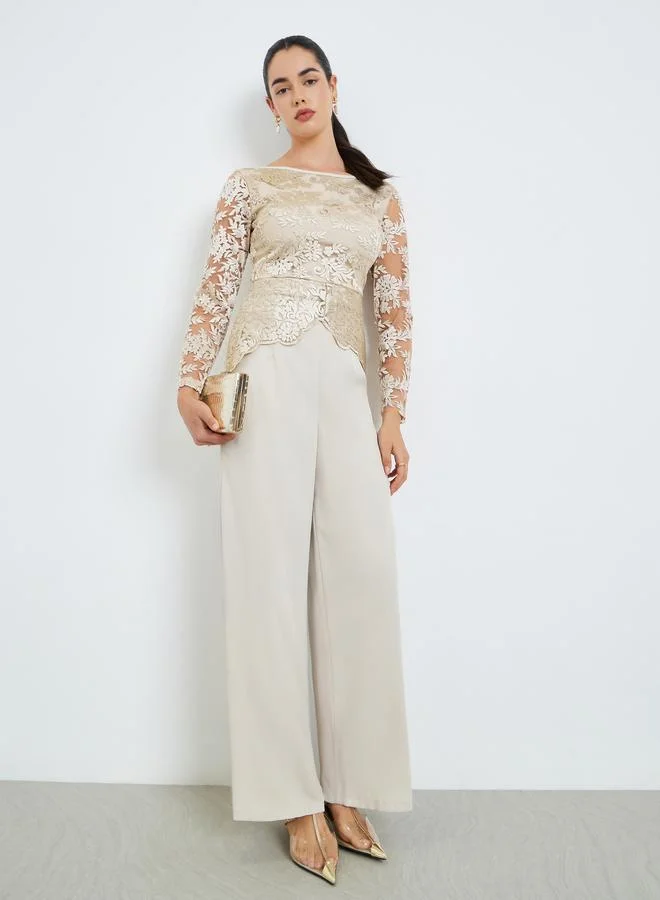 Styli  Women Lace Overlay Wide Leg Evening Jumpsuit for Women | Best Price UAE